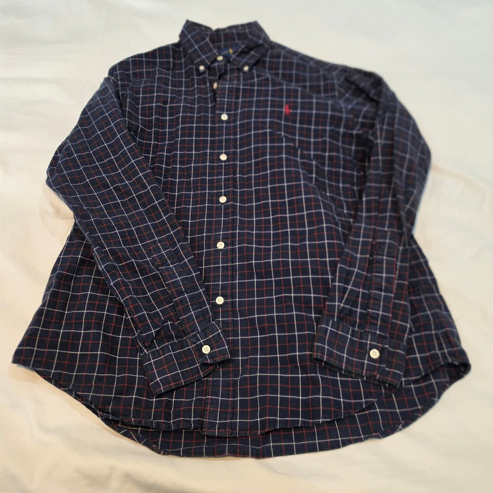 Polo Ralph Lauren Button Down Mens M Navy Blue Excellent Windowpane Plaid Shirt